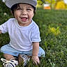 Avery joined the competition — help win amazing prizes! toddler, child, smiling, cap, white_tshirt, shorts, shoes, grass, outdoor, happy, sitting, person, nature, daylight, cute, playful, greenery, portrait, headwear, footwear
