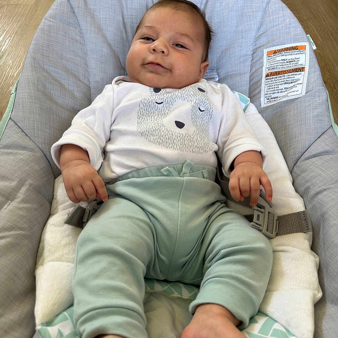 Aziel is registered to the contest to win money with this photo: baby, infant, baby_seat, clothing, mint_green, white_shirt, bear_print, face, feet, hands, wood_floor, cushion, comfort, indoor, child, portrait, happy, smiling, relaxed, toddler