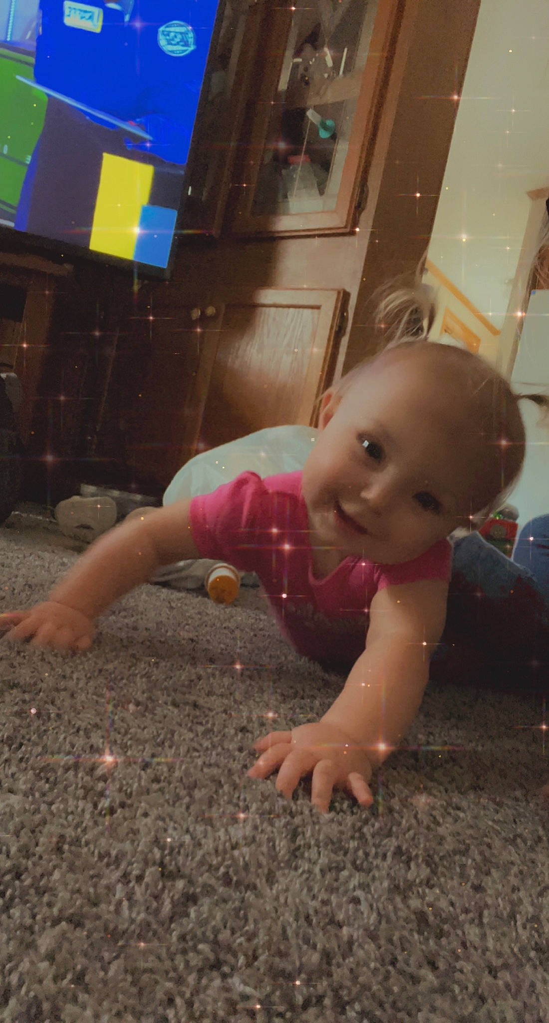 Kinsley joined the competition — help win amazing prizes! baby, barefoot, child, crawling, finger, flooring, foot, fun, hand, happy, human_leg, leg, person, play, road_surface, room, sitting, soil, thumb, toddler
