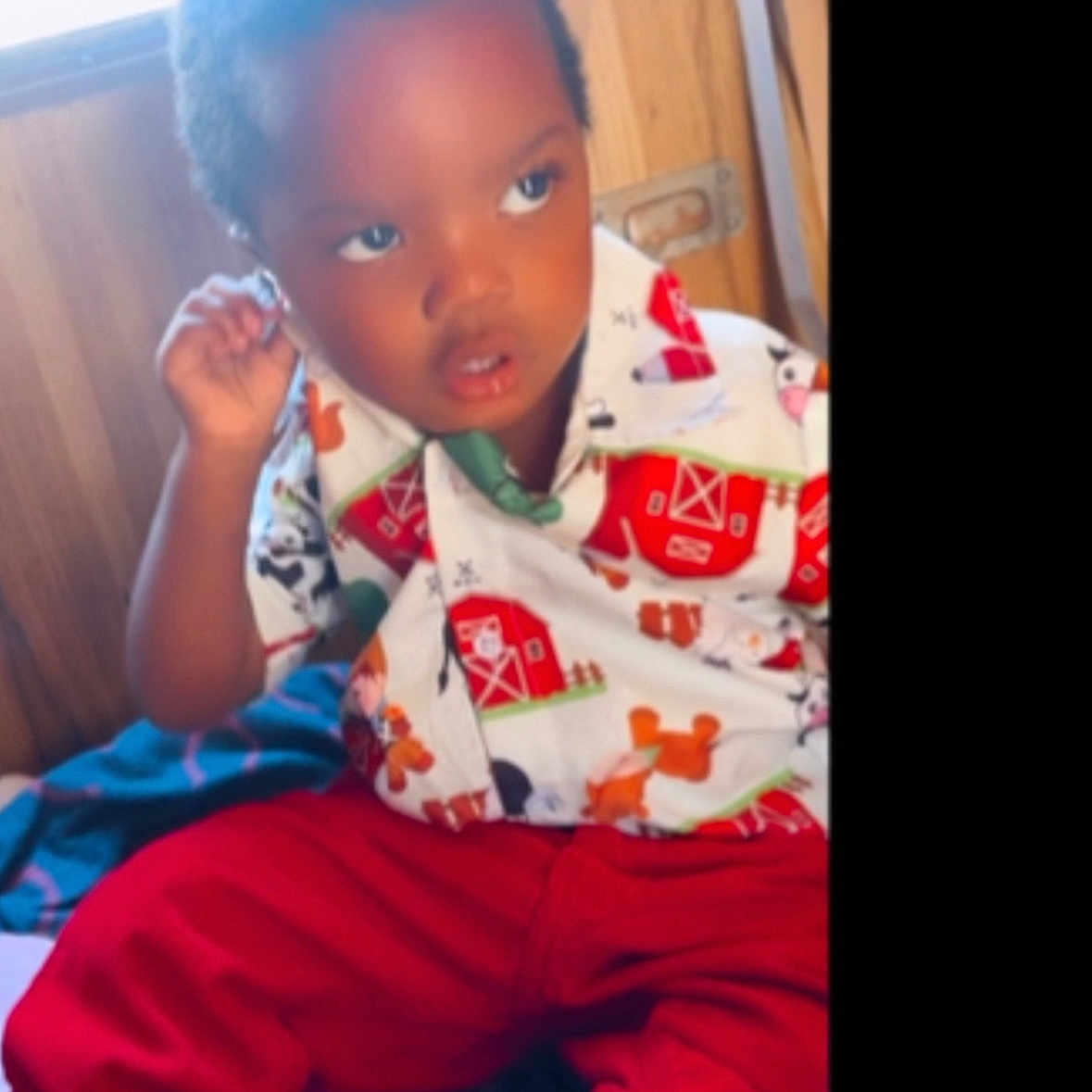 Shakur White is registered to the contest to win money with this photo: baby, casual_wear, child, colorful_clothing, cozy, curious_expression, cute, farm_print, hand_near_face, indoors, natural_light, person, portrait, red_pants, seated, shirt, short_hair, toddler, wooden_wall, young_child