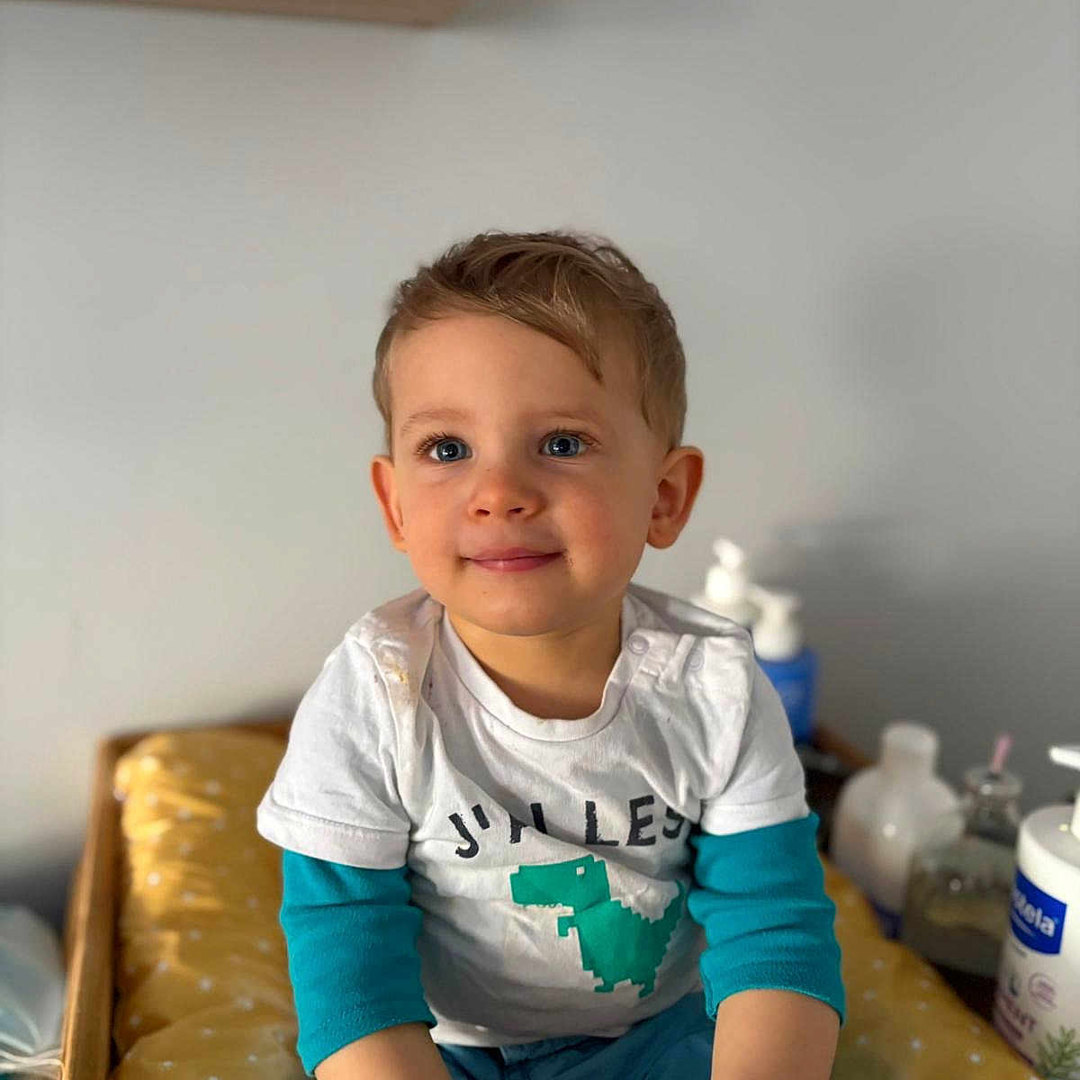 Luckas a rejoint le concours — aidez-le/la à gagner de superbes lots ! blue_eyes, blurred_background, bottle, boy, casual_clothing, child, cushion, cute, dinosaur_graphic, furniture, happy, home, indoor, portrait, shelf, short_hair, sitting, smile, toddler, tshirt