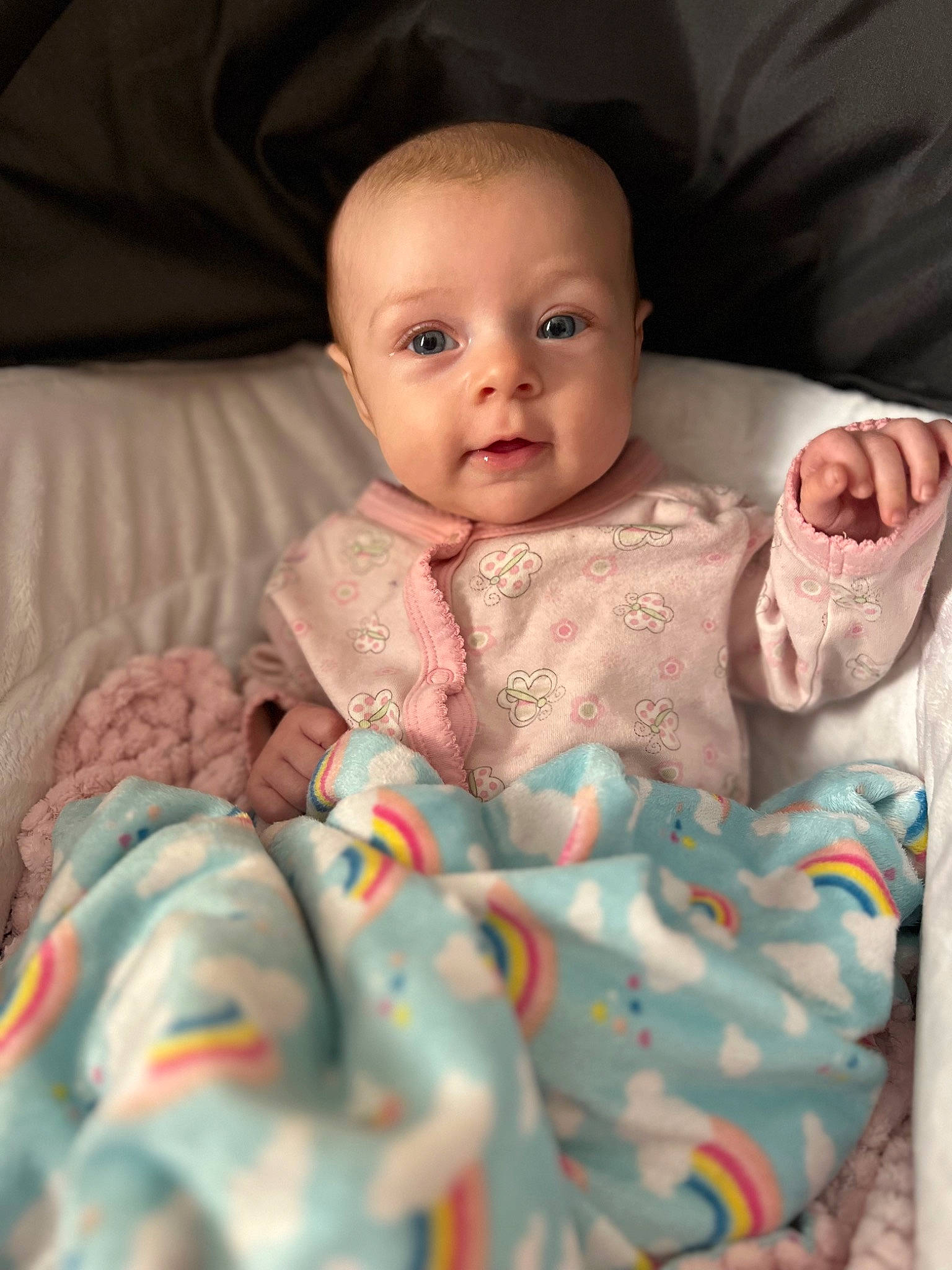 Emersyn joined the competition — help win amazing prizes! baby, baby_products, baby_toddler_clothing, cheek, child, chin, comfort, finger, head, iris, linens, pattern, person, pink, portrait_photography, room, sitting, skin, sleeve, textile