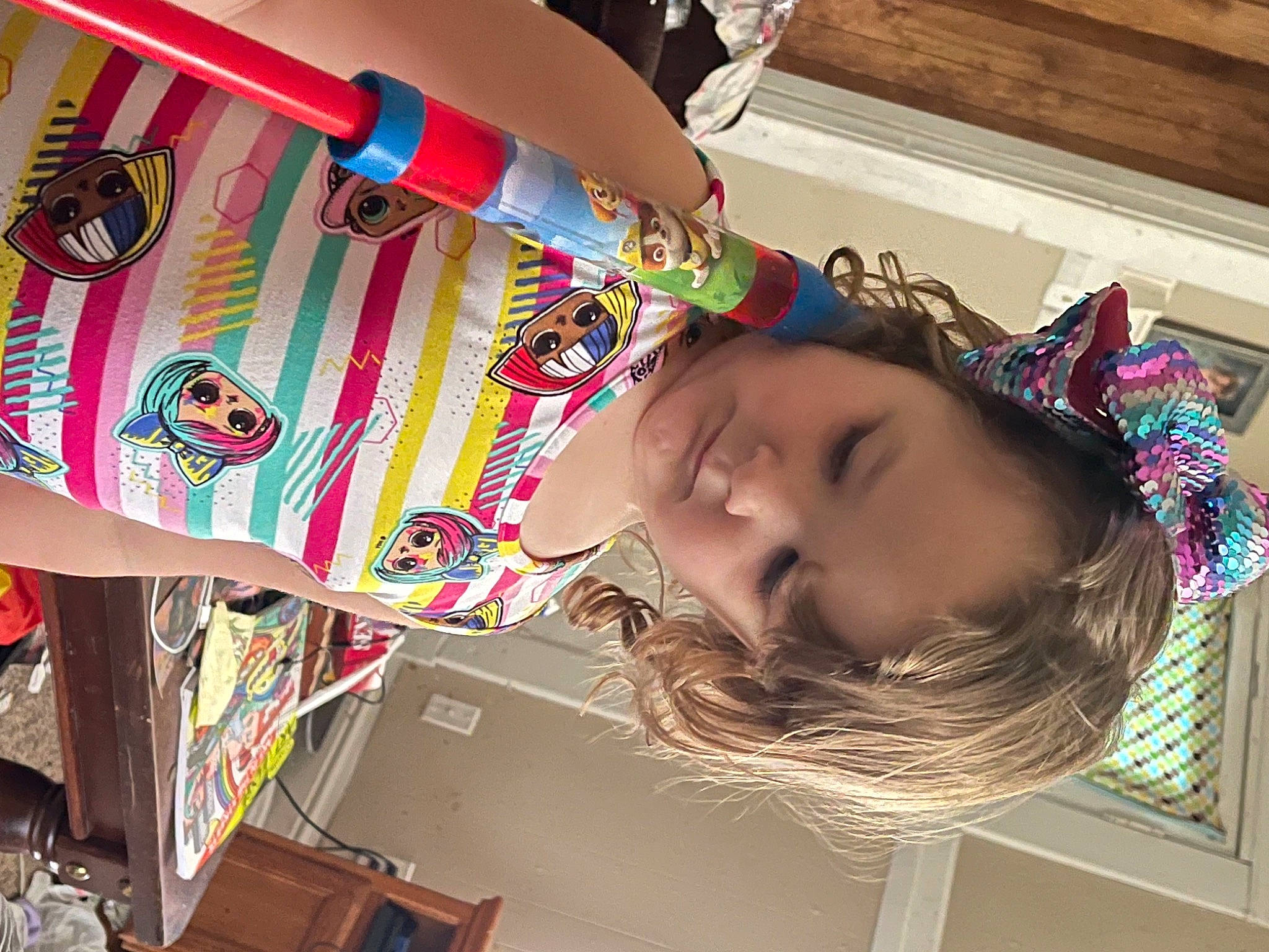 Brooklyn joined the competition — help win amazing prizes! art, artist, cool, ear, fashion_accessory, fun, happy, headgear, magenta, neck, pattern, person, pink, play, room, shipping_box, smile, t_shirt, textile, toddler