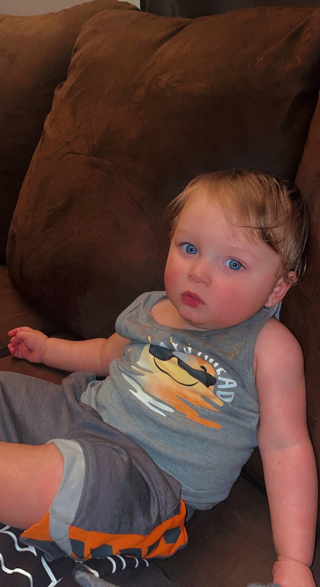 Dominic is registered to the contest to win money with this photo: baby, baby_toddler_clothing, cheek, child, eye, flash_photography, fun, happy, human_leg, iris, mouth, neck, nose, orange, person, skin, t_shirt, thigh, toddler, trunk