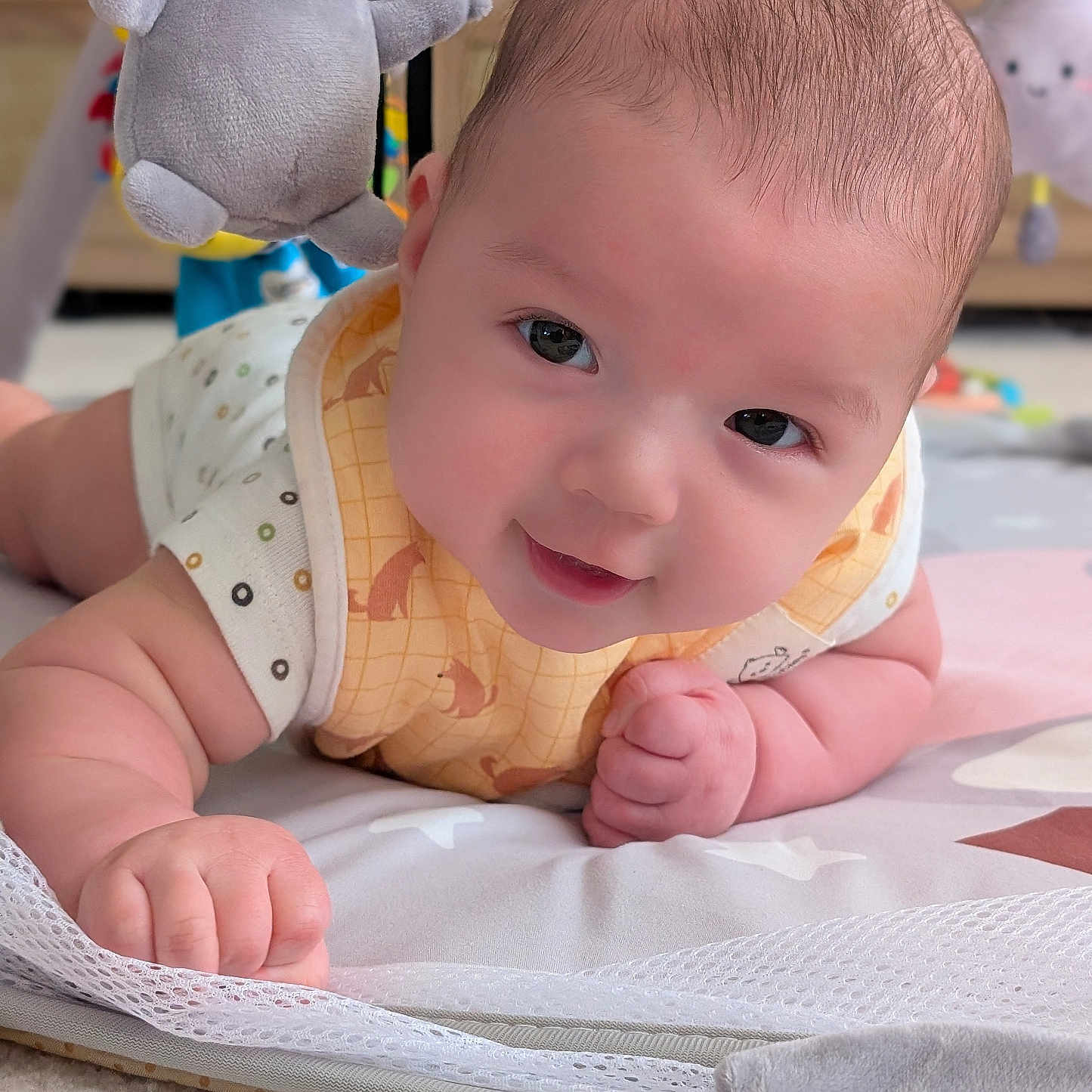 Duncan is registered to the contest to win money with this photo: baby, infant, smiling, tummy_time, plush_toy, koala_toy, cute, child, soft_toys, indoor, carpet, bib, clothing, portrait, close_up, happy, face, hand, skin, baby_playmat