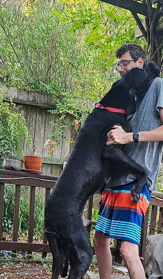 Scooby Doo is registered to the contest to win money with this photo: eyewear, flowerpot, fun, fur, grass, human_leg, leisure, pattern, personal_protective_equipment, plaid, plant, recreation, sitting, sportswear, sunglasses, t_shirt, tartan, thigh, tree, waist