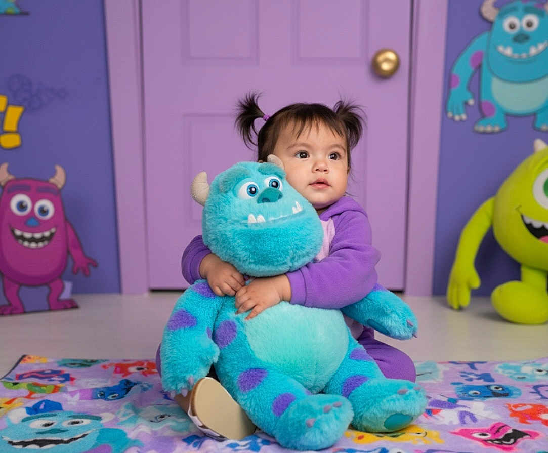 Avia is registered to the contest to win money with this photo: blue_monster, cartoon_monsters, child, colorful_blanket, cute, decorations, door, floor, happy, hugging, indoor, monster_theme, pigtails, playroom, plush_toy, purple_pajamas, smiling, soft_toy, toddler, young_child