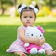 Avia is registered to the contest to win money with this photo: toddler, child, girl, pigtails, white_bows, pink_dress, hello_kitty, plush_toy, grass, outdoor, summer, cute, serious_expression, bracelets, barefoot, nature, portrait, toy, sitting, daytime