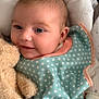 Daisy-Mae is registered to the contest to win money with this photo: baby, infant, smiling, blue_eyes, polka_dot, bib, teddy_bear, plush_toy, cushion, soft_toys, cozy, cute, child, portrait, indoor, head_support, sleeping_bed, baby_clothes, hand, comfort