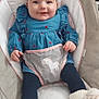 Daisy-Mae is registered to the contest to win money with this photo: baby, infant, blue_dress, smiling, baby_rocker, footwear, booties, pom_poms, face, child, cute, happy, indoor, soft_furnishing, clothing, person, young_child, seated, comfort, adorable