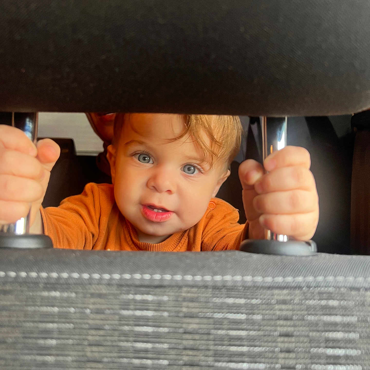Mehmetcan a rejoint le concours — aidez-le/la à gagner de superbes lots ! baby, blue_eyes, car_interior, car_seat, child, closeup, curly_hair, cute, grip, hands, headrest, inside, metal_rods, orange_shirt, peeking, portrait, seat, seatbelt, toddler, vehicle