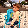Mehmetcan participe au concours pour gagner de l'argent avec cette photo : toddler, child, blue_chair, dinosaur_print, outdoor, pavement, car, jeans, socks, curly_hair, lamppost, house, street, daylight, casual_clothing, expression, seated, curious, young_child, side_view