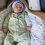 baby, infant, onesie, hat, blanket, soft, cozy, cute, lying_down, pattern, bear_design, child, portrait, indoors, sleepwear, newborn, comfort, small_hands, expression, resting