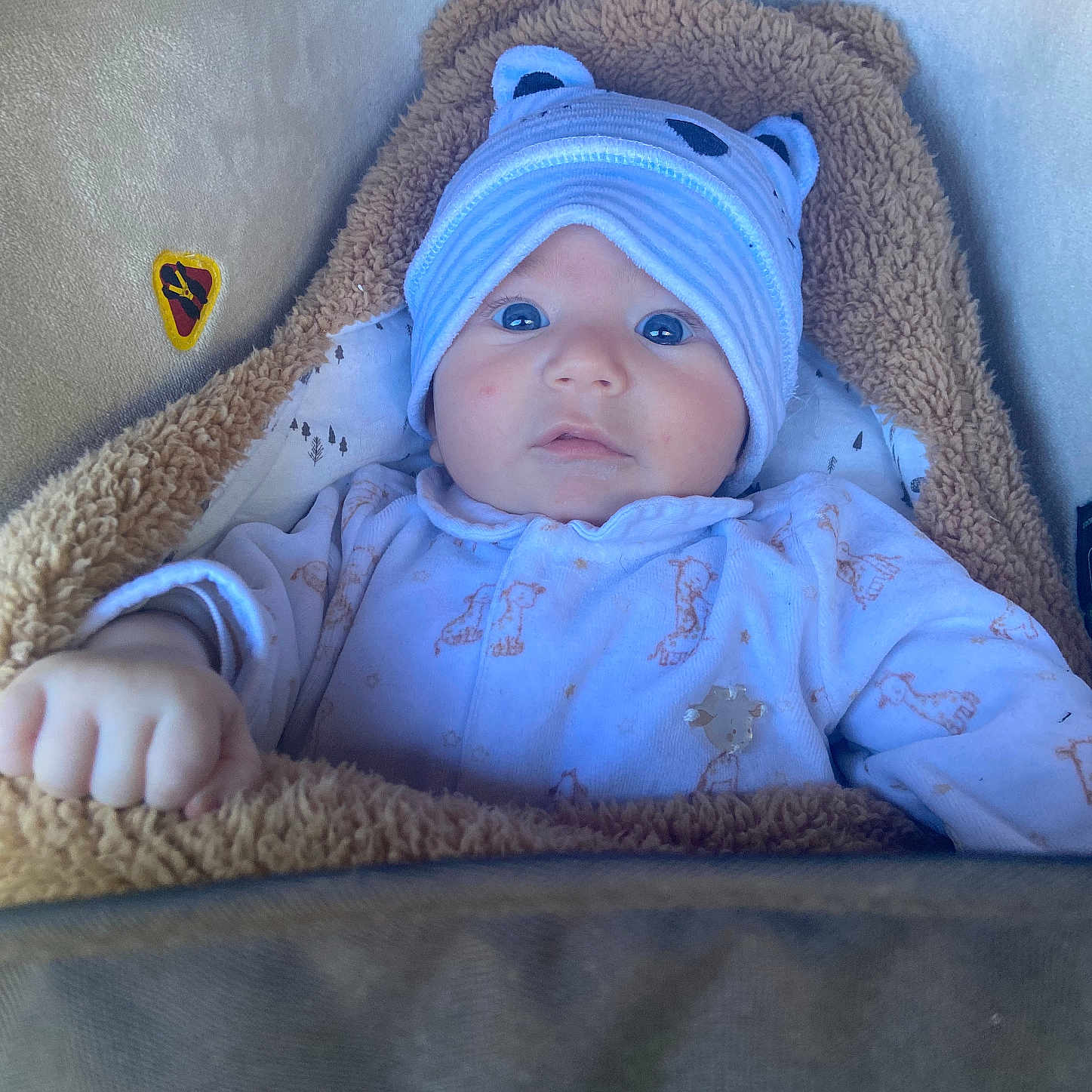 Soan a rejoint le concours — aidez-le/la à gagner de superbes lots ! adorable, baby, bear_ears, blanket, blue_eyes, car_seat, child, clothing, cozy, cute, face, hand, hat, indoors, infant, looking_at_camera, portrait, small_person, soft_texture, warm