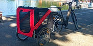 Heidi a rejoint le concours — aidez-le/la à gagner de superbes lots ! bicycle, bike, black, daytime, fence, nature, outdoor, parked, pet_trailer, red, reflection, river, road, shadow, sidewalk, sky, sunlight, trees, water, wheel