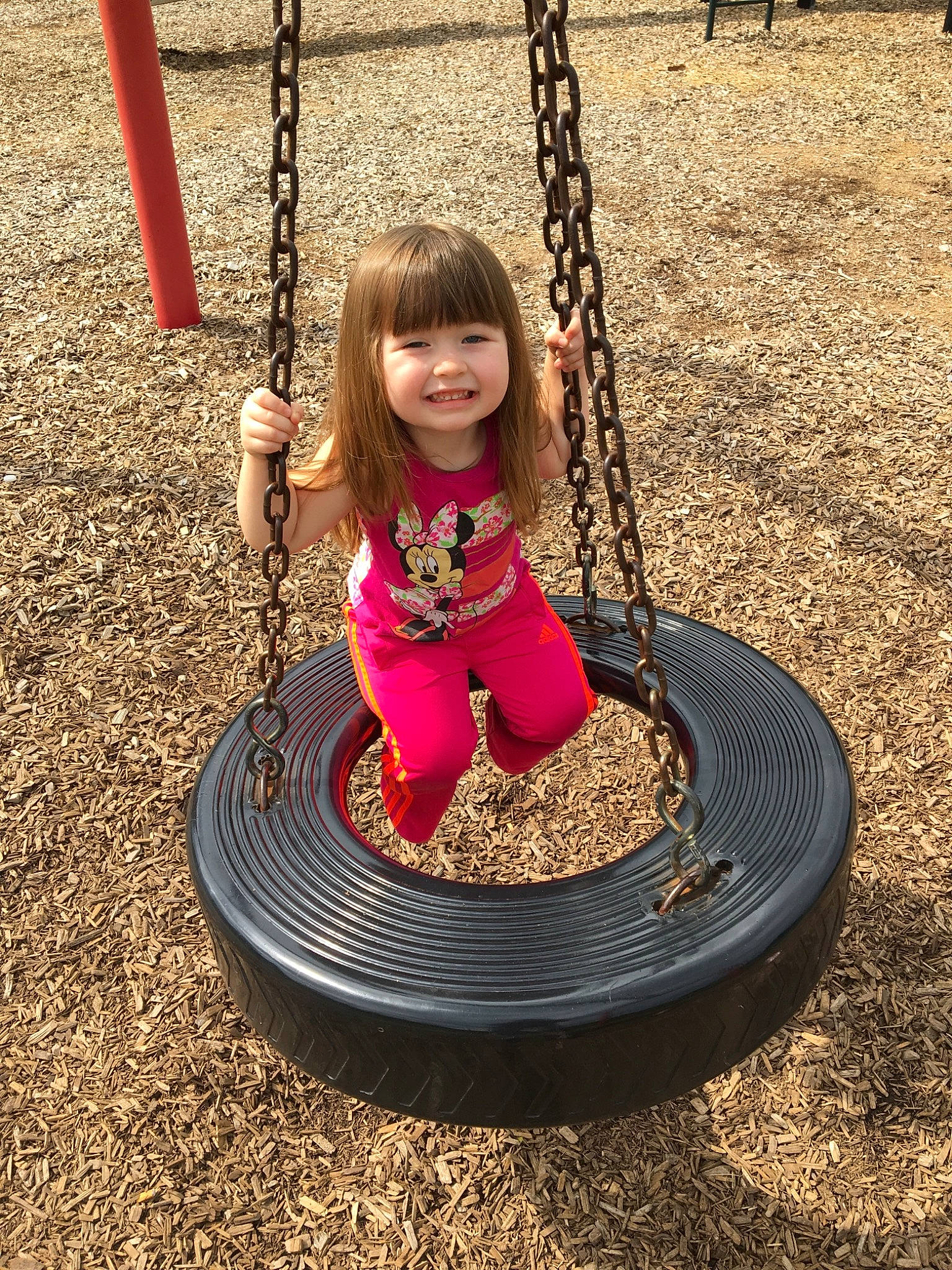 Aubrianna is registered to the contest to win money with this photo: child, city, fun, human_settlement, joy, outdoor_play_equipment, person, pink, plant, play, playground, public_space, recreation, smile, swing, toddler, tree, vacation