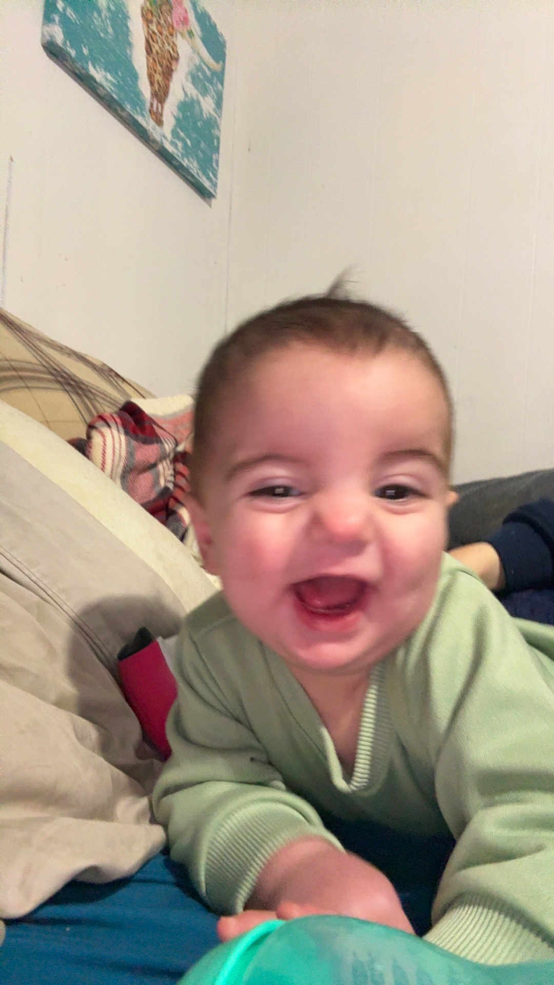 Waylon joined the competition — help win amazing prizes! baby, smiling, infant, green_clothing, indoors, crawling, happy, face, child, plaid_blanket, wall_art, person, sleeves, bed, cozy, cheerful, portrait, young_child, head, skin