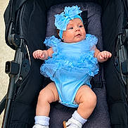 Bella Rose joined the competition — help win amazing prizes! baby, child, infant, stroller, blue_outfit, dress, headband, flower, ruffles, sandals, socks, portrait, sitting, outdoor, fashion, cute, face, babywear, carriage, photography