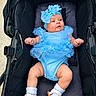 baby, child, infant, stroller, blue_outfit, dress, headband, flower, ruffles, sandals, socks, portrait, sitting, outdoor, fashion, cute, face, babywear, carriage, photography