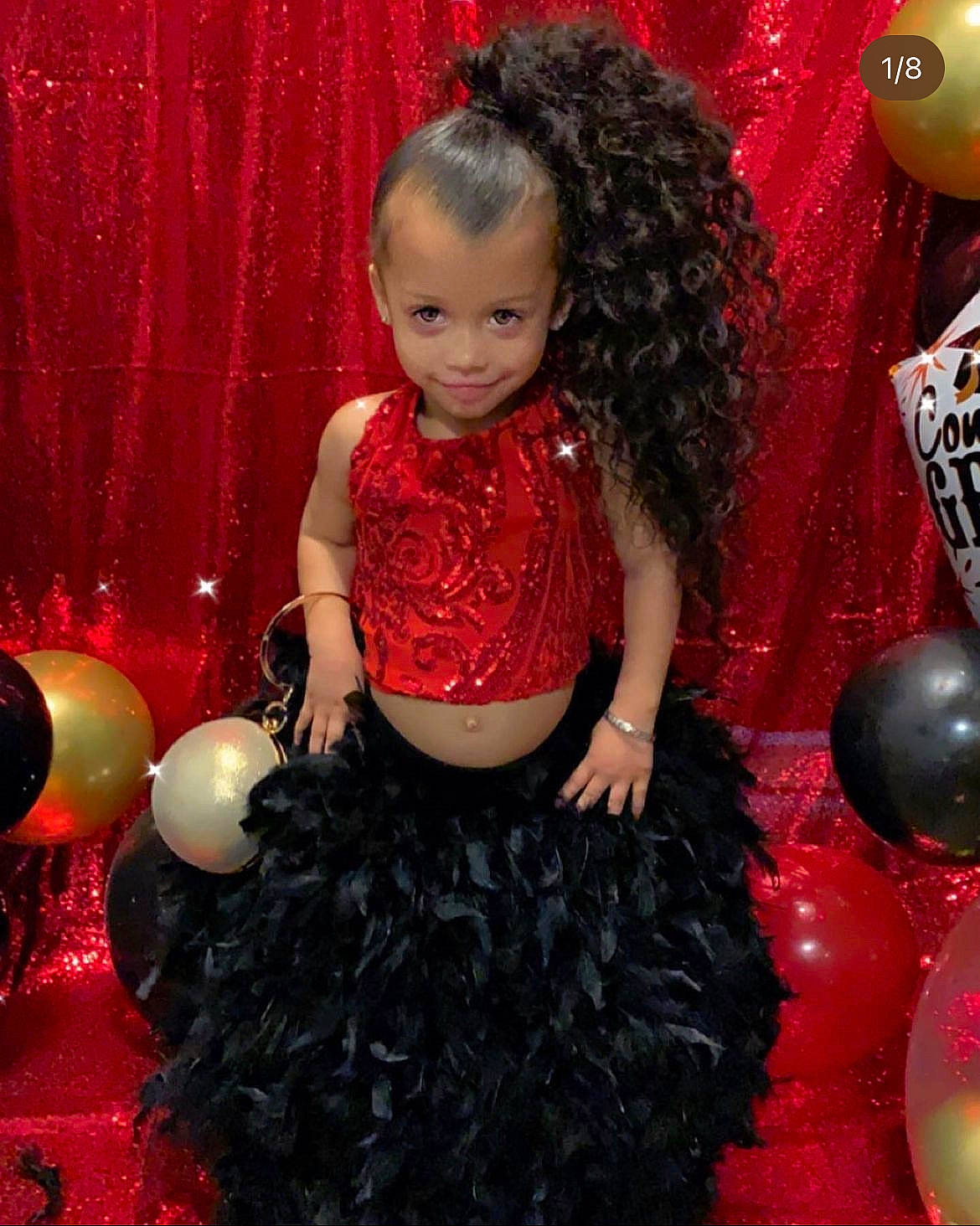 Kimora joined the competition — help win amazing prizes! baby_toddler_clothing, balloon, black_hair, child, curtain, entertainment, event, facial_expression, fashion_design, fun, happy, joy, magenta, pattern, person, pink, red, smile, thigh, toddler