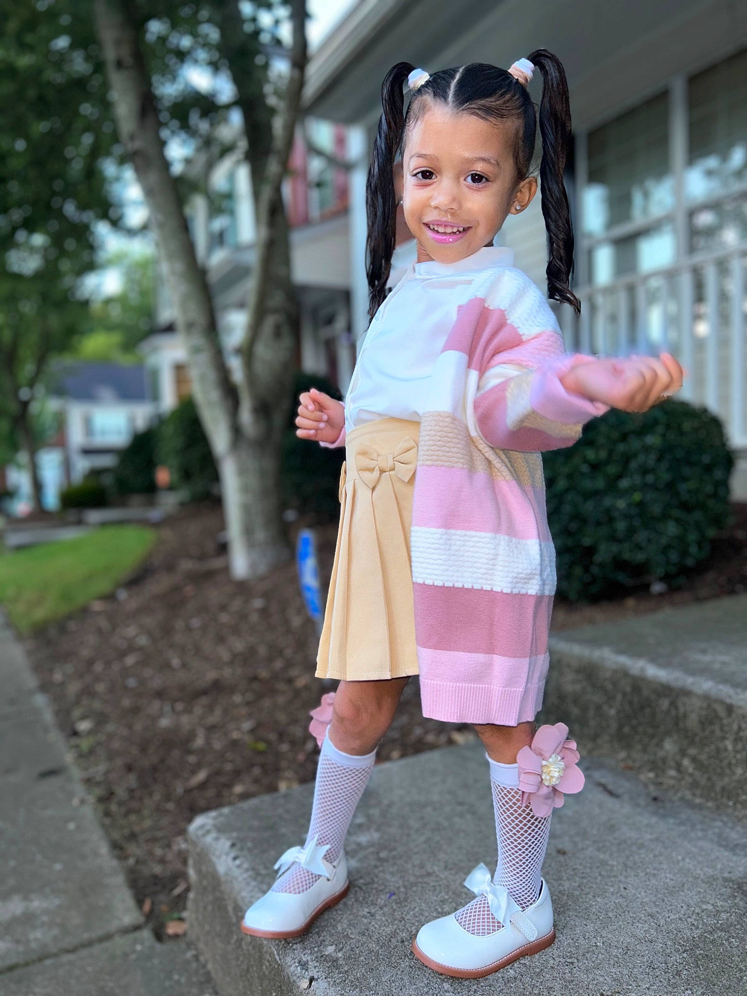Kimora joined the competition — help win amazing prizes! bangs, child, fashion_accessory, grass, hairstyle, happy, hime_cut, human_leg, joy, knee, magenta, person, pink, plant, sleeve, smile, sock, sunglasses, toddler, toy