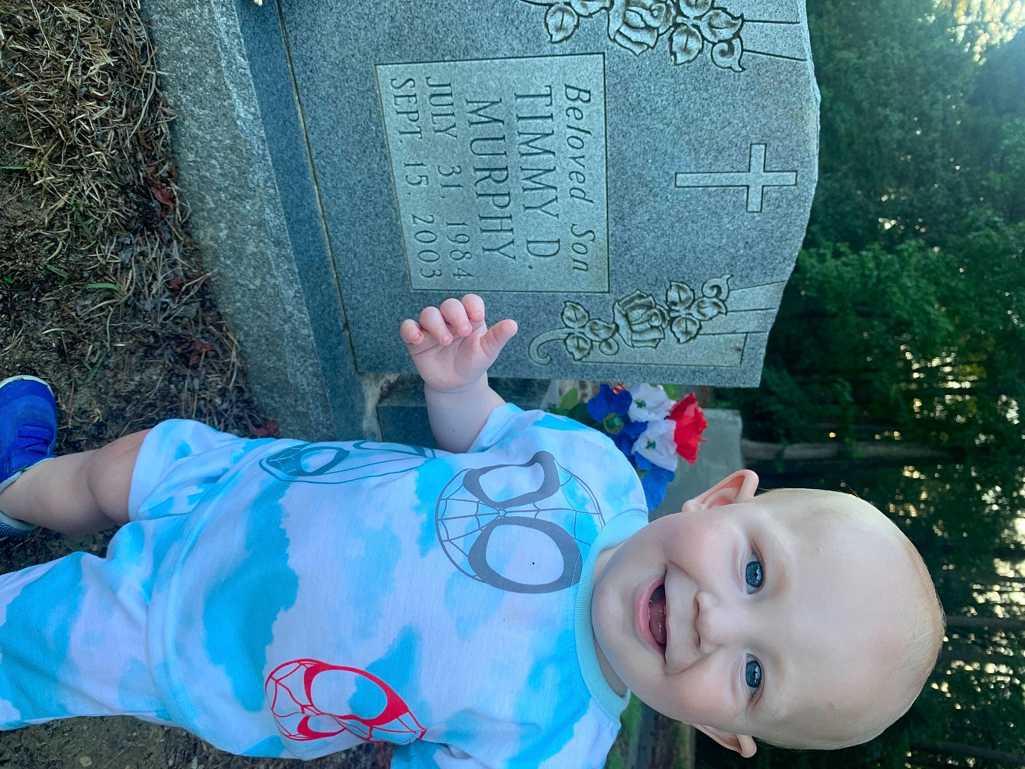 Brentley joined the competition — help win amazing prizes! baby, baby_toddler_clothing, blue, child, electric_blue, fun, grass, grave, happy, hat, joy, people_in_nature, person, plant, red, smile, snapshot, summer, toddler, tree