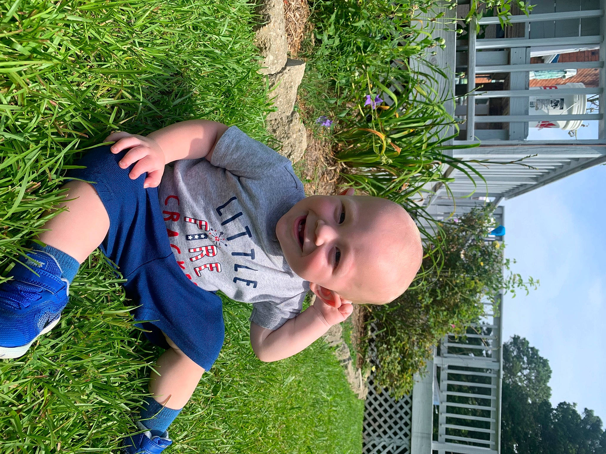 Brentley is registered to the contest to win money with this photo: child, fun, garden, grass, green, happy, joy, leisure, people_in_nature, person, plant, shorts, sky, t_shirt, thigh, toddler, tree, window