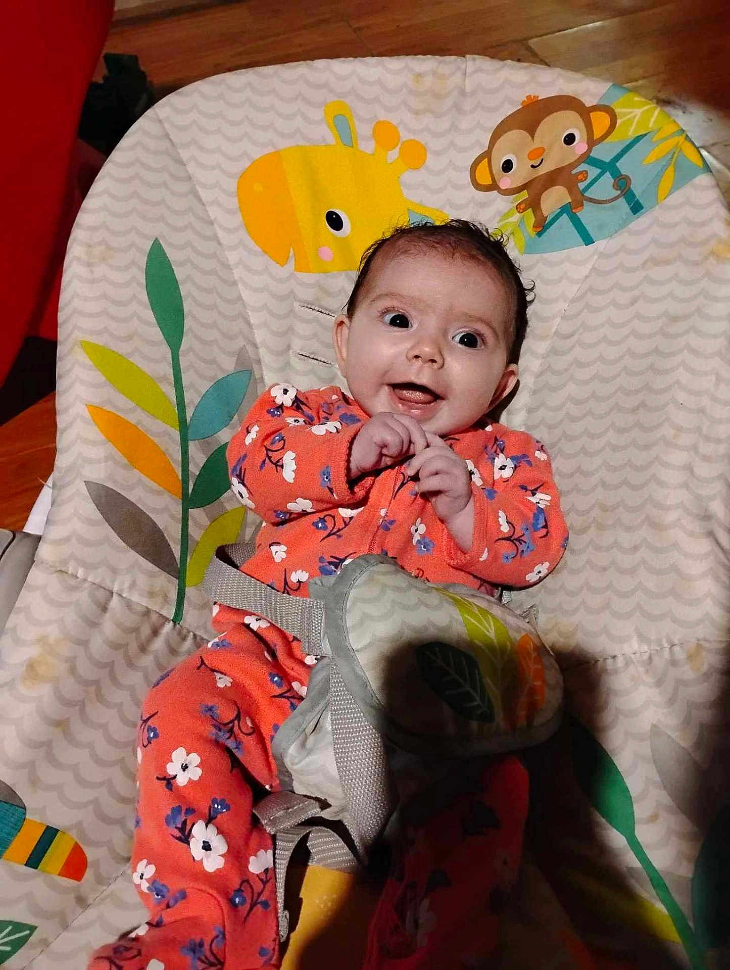 Willow joined the competition — help win amazing prizes! baby, child, smiling, onesie, floral_pattern, baby_chair, animal_print, giraffe, monkey, happy, indoors, seatbelt, wooden_floor, colorful, cute, infant, portrait, person, clothing, playtime