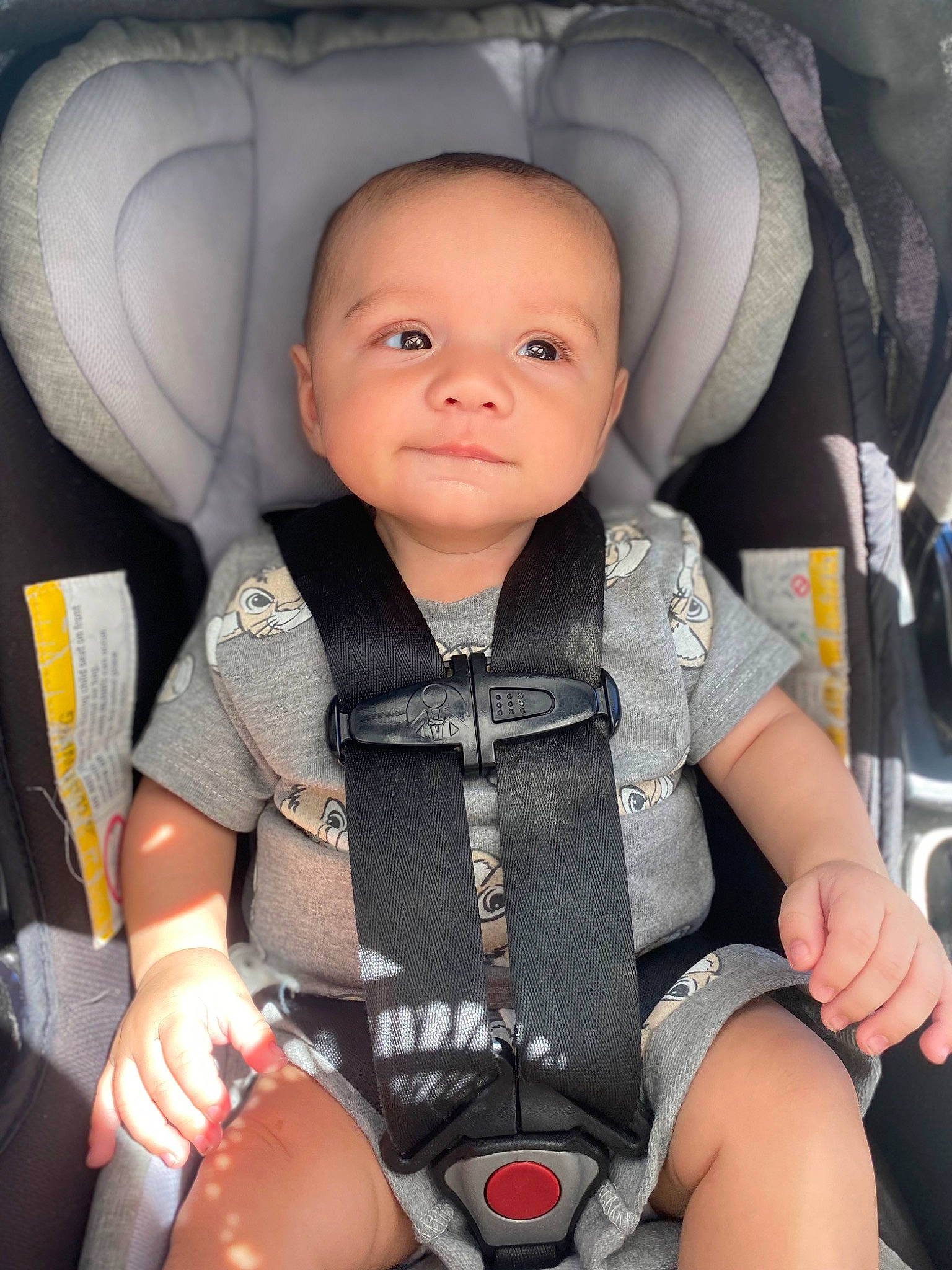 Nicasio is registered to the contest to win money with this photo: auto_part, automotive_design, baby, baby_carriage, baby_products, baby_toddler_clothing, car_seat, car_seat_cover, carmine, child, comfort, head_restraint, knee, person, personal_protective_equipment, product, seat_belt, sitting, smile, thigh