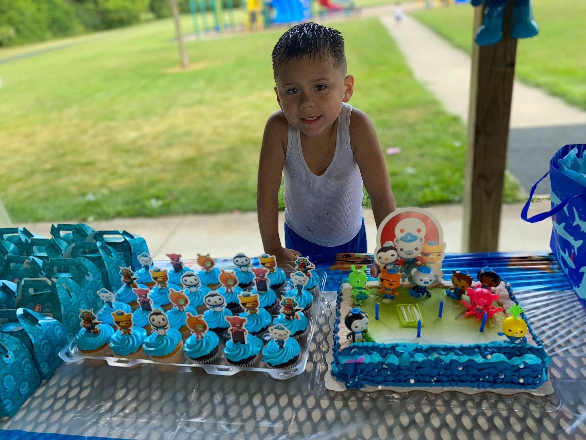 Lucio joined the competition — help win amazing prizes! birthday, blue, cake, cake_decorating_supply, event, food, fun, grass, green, happy, joy, leisure, person, plate, recreation, shorts, sugar_cake, summer, t_shirt, table