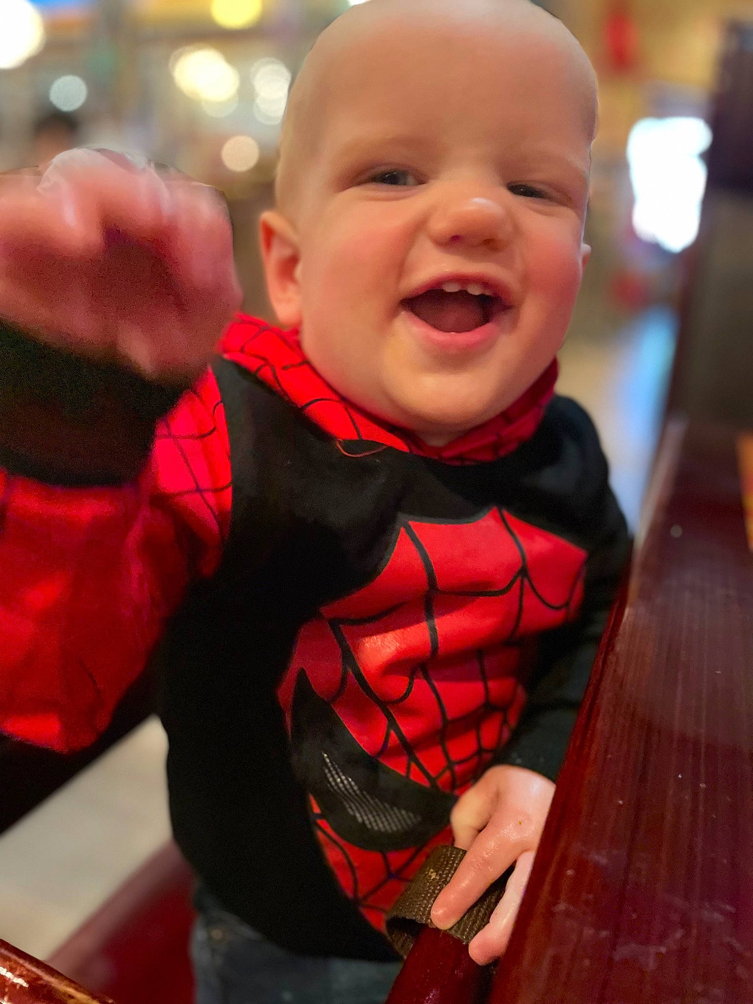 Blake joined the competition — help win amazing prizes! baby, baby_toddler_clothing, cheek, cool, finger, fun, gesture, happy, lifejacket, lip, mouth, orange, person, personal_protective_equipment, sleeve, smile, spider_man, standing, t_shirt, thumb