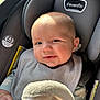 baby, car_seat, evenflo, blanket, bib, infant, child, smile, happy, clothing, fabric, head, face, person, seatbelt, indoor, closeup, cute, skin, light