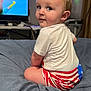 Mason joined the competition — help win amazing prizes! baby, child, bed, blanket, clothing, curious, face, indoor, lights, person, portrait, shorts, sitting, television, tshirt, wall, window, young_child, room, colorful_lights