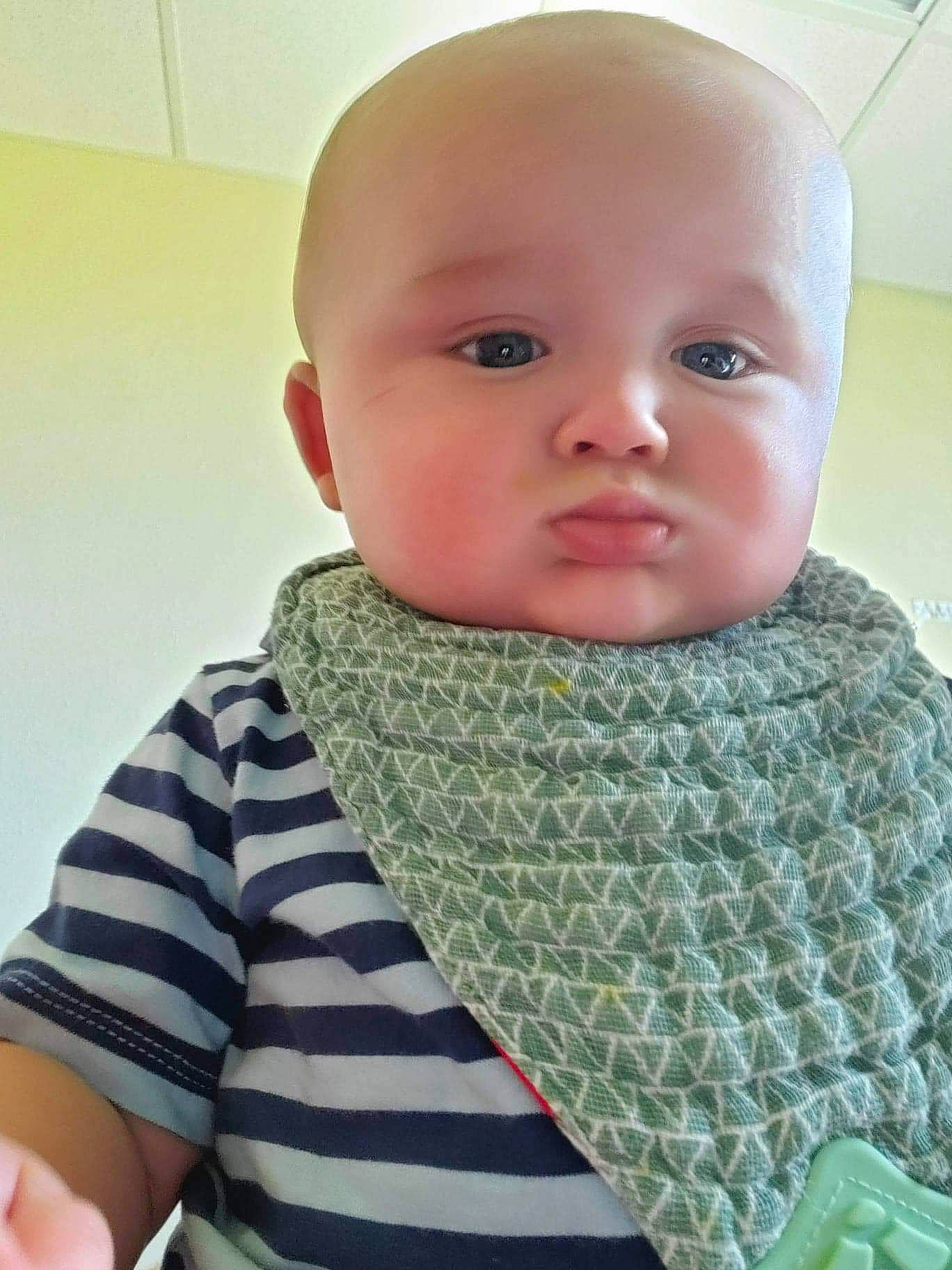 Elijah joined the competition — help win amazing prizes! baby, cheek, child, chin, face, green, head, knitting, lip, neck, nose, pattern, person, scarf, skin, textile, toddler, wool