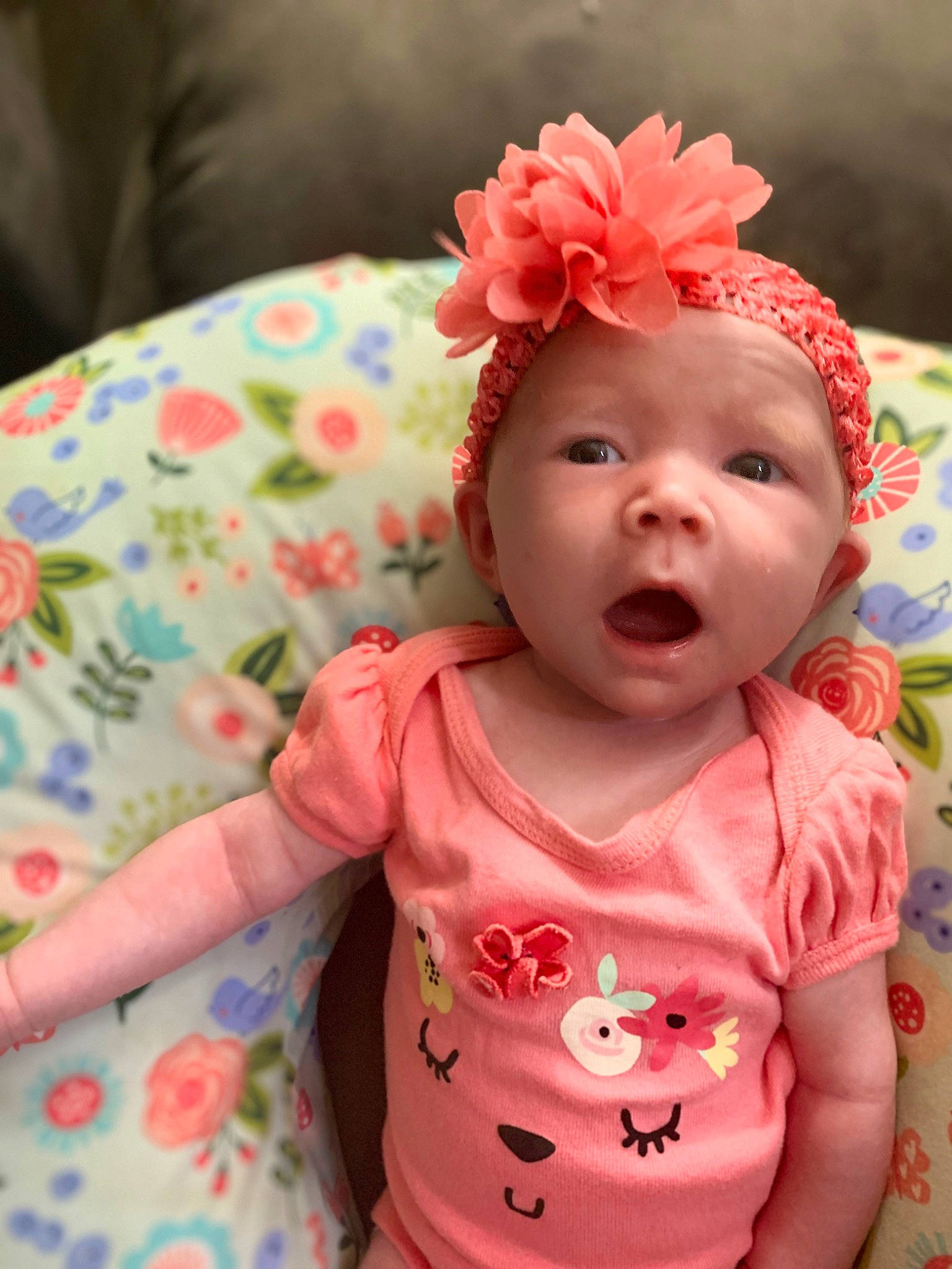 Audri joined the competition — help win amazing prizes! baby, baby_toddler_clothing, cheek, child, chin, dress, eye, eyelash, face, happy, head, headband, headwear, lip, nose, person, pink, plant, skin, sleeve