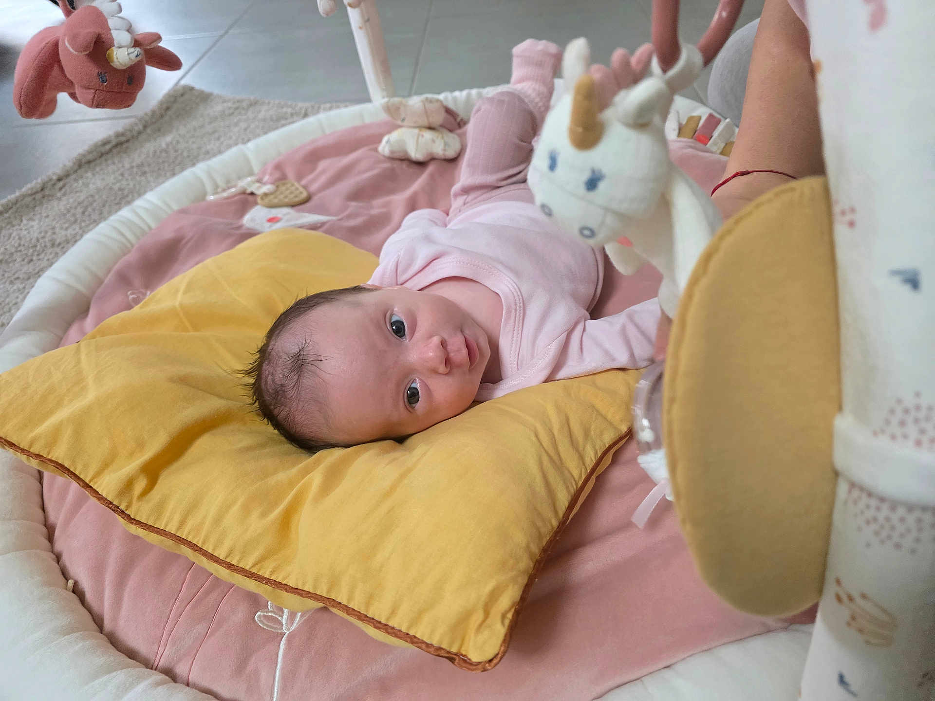 Raya Louisa Gyoch participe au concours pour gagner de l'argent avec cette photo : baby, pillow, plush_toy, unicorn, blanket, infant, toy, floor, carpet, person, pink_clothing, indoor, head, face, looking, soft_toys, child, home, resting, cushion