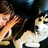 boy, dog, husky, couch, leather, indoor, resting, pet, child, animal, black, white, fur, comfort, relaxation, home, companionship, friendship, portrait, casual