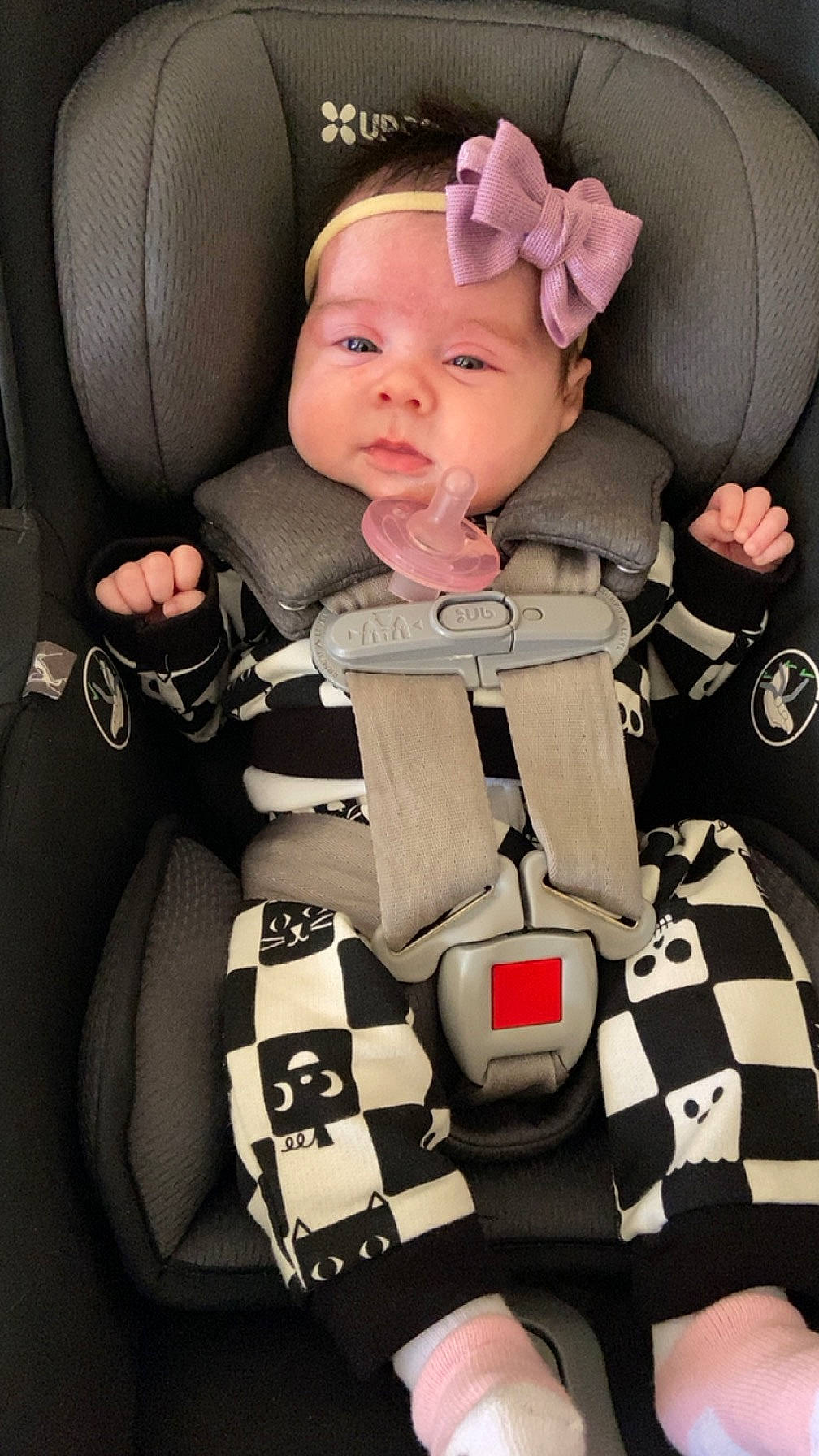 Delilah joined the competition — help win amazing prizes! baby, baby_carriage, baby_in_car_seat, baby_products, baby_safety, baby_toddler_clothing, black, car_seat, chair, cheek, child, collar, comfort, pattern, person, photograph, product, seat_belt, sleeve, toddler
