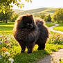 Bibou a rejoint le concours — aidez-le/la à gagner de superbes lots ! animal, black_fur, canine, cute, dog, flowers, fluffy, garden, grass, greenery, nature, outdoor, path, peaceful, pet, pomeranian, scenic, small_dog, summer, sunlight