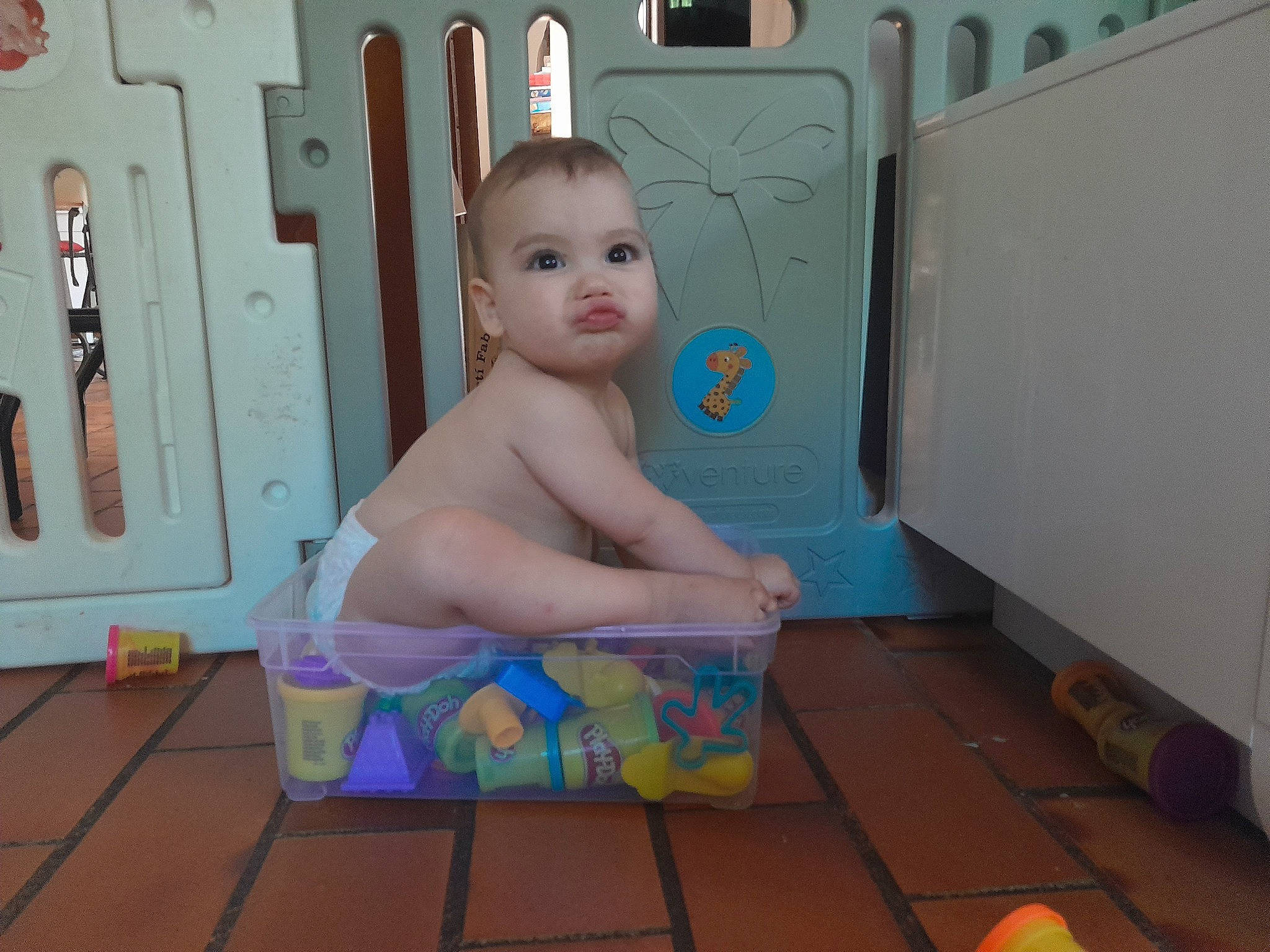 Elise participe au concours pour gagner de l'argent avec cette photo : baby, baby_products, bathing, chest, child, door, floor, flooring, foot, fun, hardwood, human_leg, joint, leisure, major_appliance, person, room, sitting, thigh, toddler