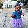child, toddler, baby, portrait, outdoor, smiling, dress, tutu, purple, butterfly, flower_crown, denim, shoes, standing, driveway, sidewalk, house, backyard, residential, fashion