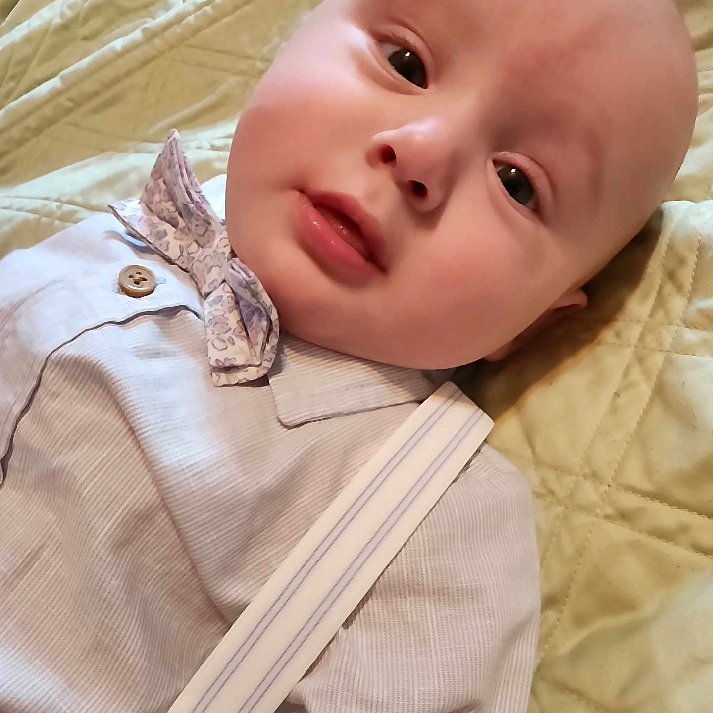 Kodie Elijah joined the competition — help win amazing prizes! baby, infant, face, bow_tie, shirt, clothing, quilt, blanket, fabric, bed, portrait, child, cute, young, head, eyes, skin, person, lying_down, indoors