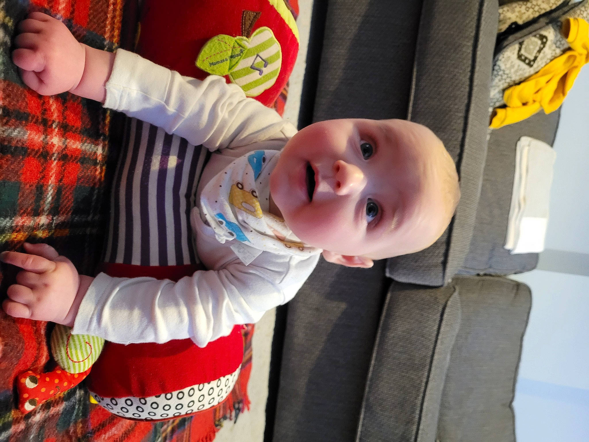 Brodie joined the competition — help win amazing prizes! baby, baby_products, baby_toddler_clothing, cheek, child, event, fun, happy, orange, pattern, person, plaid, room, sitting, smile, tartan, toddler