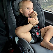 Aiden joined the competition — help win amazing prizes! toddler, child, car_seat, foot_in_mouth, smiling, black_clothing, seatbelt, car_interior, window, nature_outside, cute, happy, baby, seat, safety_harness, playful, blond_hair, skin, legs, hands