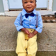 Kiroux joined the competition — help win amazing prizes! toddler, child, boy, smile, outdoor, clothing, suspenders, bow_tie, shirt, pants, shoes, concrete, step, door, doormat, portrait, happy, fashion, cute, person