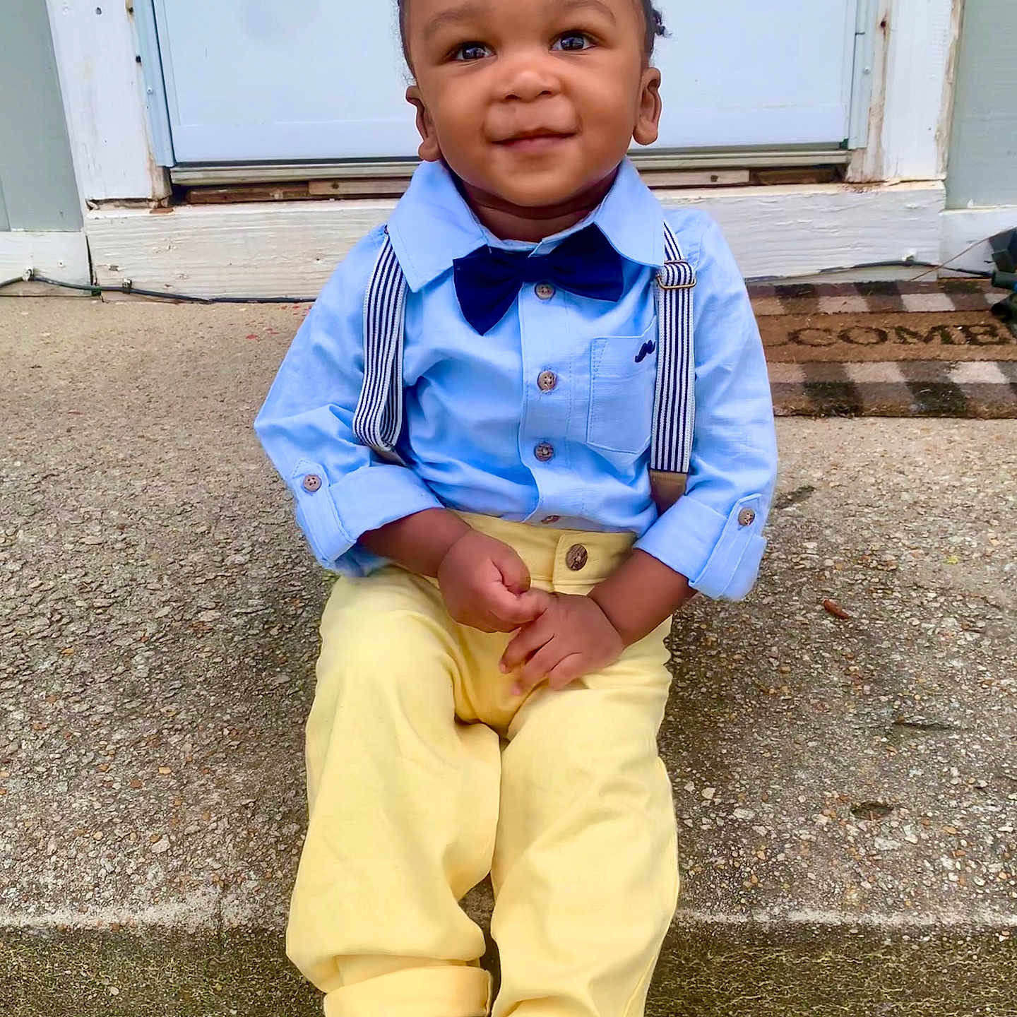 Kiroux joined the competition — help win amazing prizes! bow_tie, boy, child, clothing, concrete, cute, door, doormat, fashion, happy, outdoor, pants, person, portrait, shirt, shoes, smile, step, suspenders, toddler