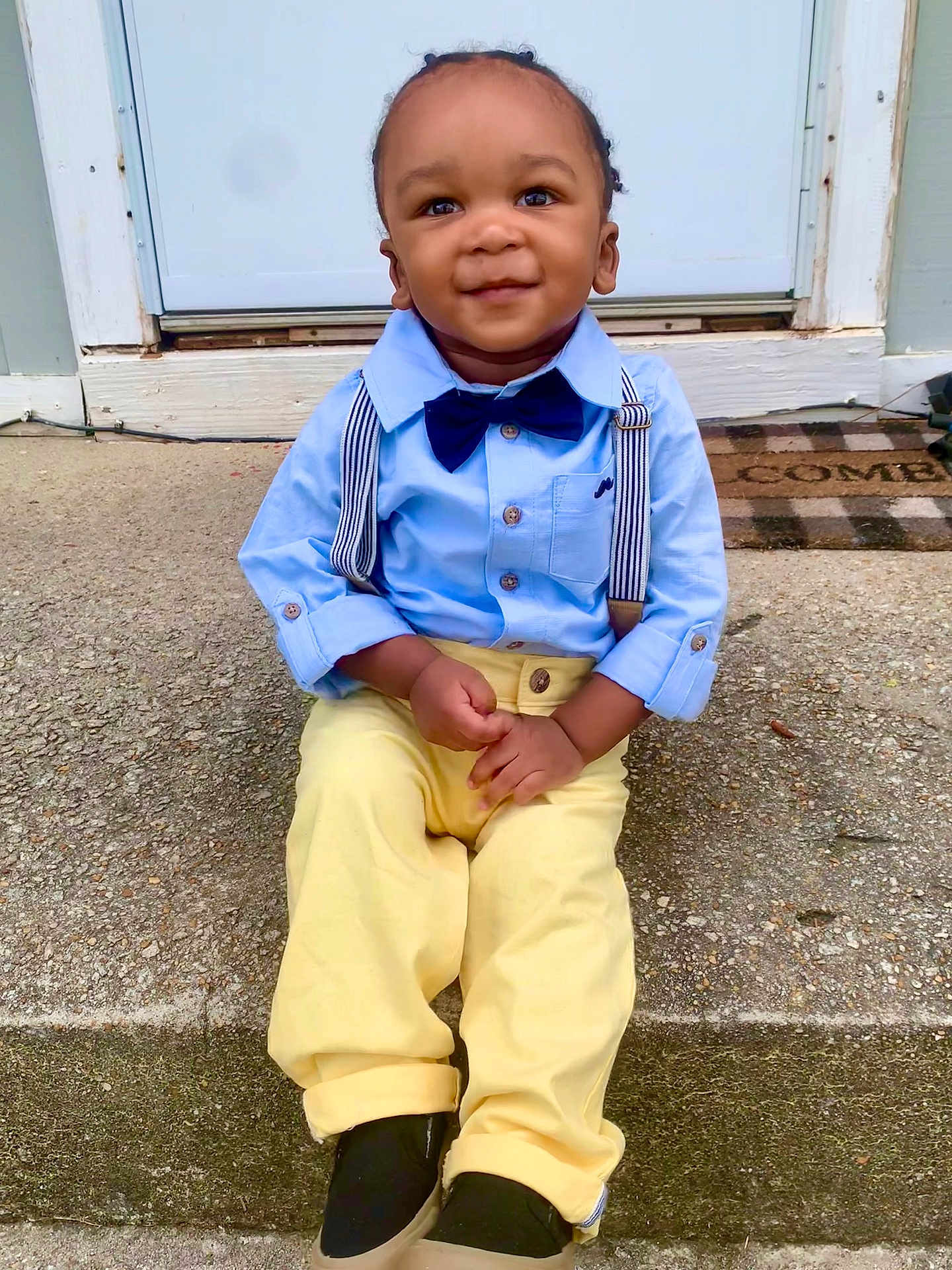 Kiroux joined the competition — help win amazing prizes! toddler, child, boy, smile, outdoor, clothing, suspenders, bow_tie, shirt, pants, shoes, concrete, step, door, doormat, portrait, happy, fashion, cute, person