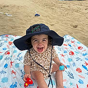 Myla joined the competition — help win amazing prizes! toddler, child, beach, sand, sunhat, toy, blanket, sea, ocean, umbrella, smiling, happy, play, summer, vacation, outdoor, person, cute, leopard_print, foot