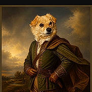 Hercules joined the competition — help win amazing prizes! dog, canine, portrait, medieval, costume, cloak, cape, gloves, fantasy, historical, painting, digital_art, landscape, countryside, dramatic_lighting, cloudy_sky, brown_fur, standing, humorous, phone_screenshot