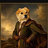 dog, canine, portrait, medieval, costume, cloak, cape, gloves, fantasy, historical, painting, digital_art, landscape, countryside, dramatic_lighting, cloudy_sky, brown_fur, standing, humorous, phone_screenshot